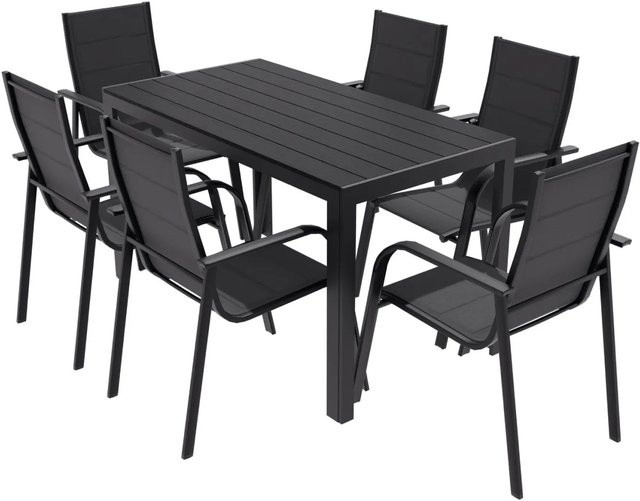 Lex Gartenmöbel Set 7-teilig mit Aluminium Tisch und Stapelsesseln in Anthrazit und Schwarz - Bild 1