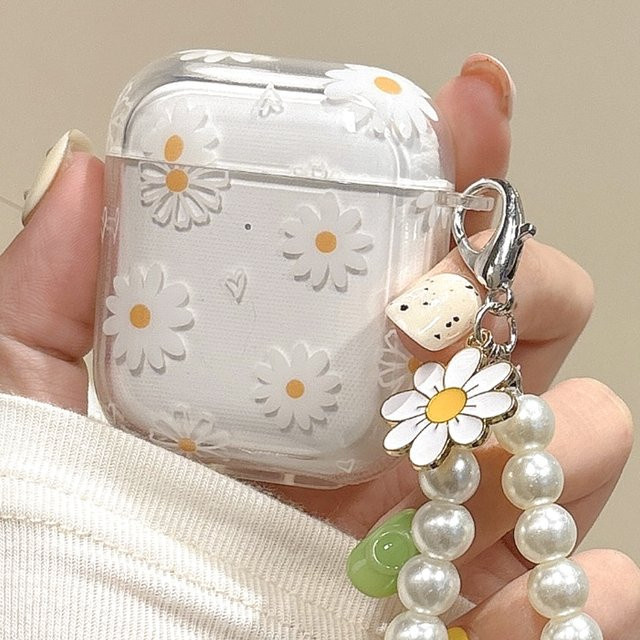 Apple AirPods Hülle mit Blumenmuster und Perlen-Anhänger aus TPU in Weiß für AirPods 1/2, Pro und Pro 2/3 - Bild 1