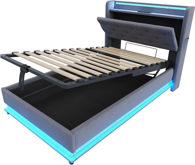 okwish Kinderbett Grau mit LED-Beleuchtung, USB-Ladeport und Stauraum, B/T/H: 90 x 200 x 108 cm - Bild 1