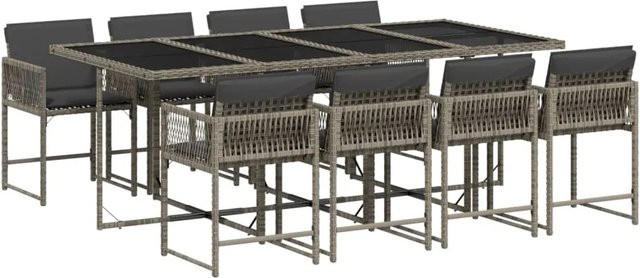 vidaXL 9-tlg Garten-Essgruppe aus Poly-Rattan mit Kissen und Hartglas in Grau - Bild 1