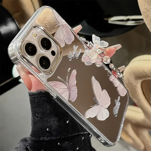 Potdemiel Handyhülle mit Schmetterlings-Design und Spiegel für iPhone 16 15 14 13 12 11 Pro Max, Rosa mit Armband und stoßfester Hartschale - Bild 1