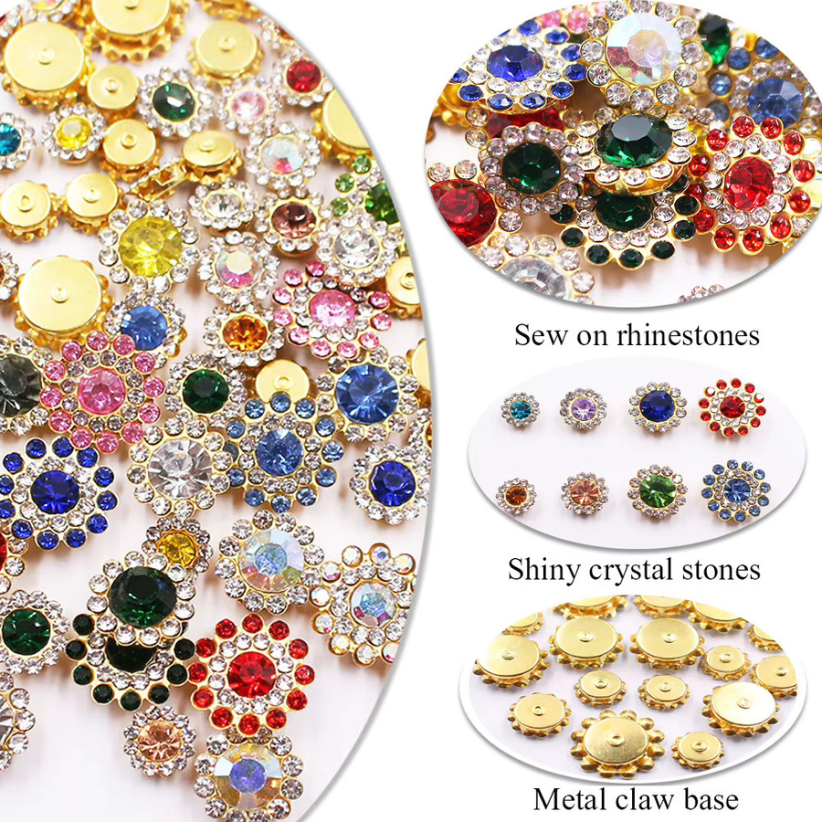 Goldene Blumen-Krallen-Strass-Steine mit Glitzer-Kristallen und Perlen zum Aufnähen auf Kleidung für Bastelarbeiten - Bild 2