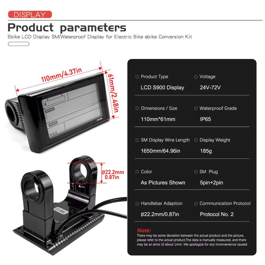Kunteng SW900 E-Bike LCD-Display Messgerät in Schwarz mit SM/Wasserdichtem Stecker für 24V 36V 48V 52V 60V 72V E-Bike-Umbausätze - Bild 2