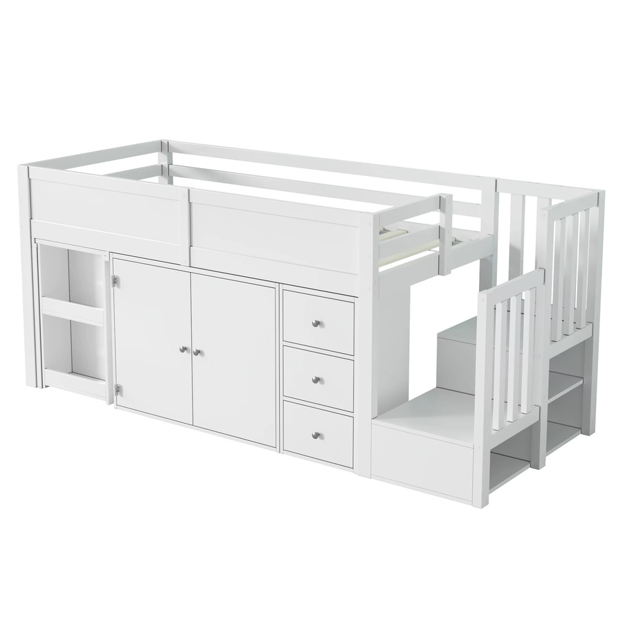 KOMHTOM Multifunktionales Kinderhochbett aus MDF in Weiß mit ausziehbarem Schreibtisch, Schrank, Schublade und seitlichem Ablagefach, B/T/H: 90 x 200 cm - Bild 2