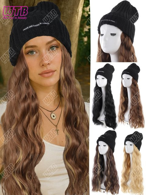 WTB Synthetische Perücke, schwarze Strickmütze mit langen lockigen Haarverlängerungen - Bild 1