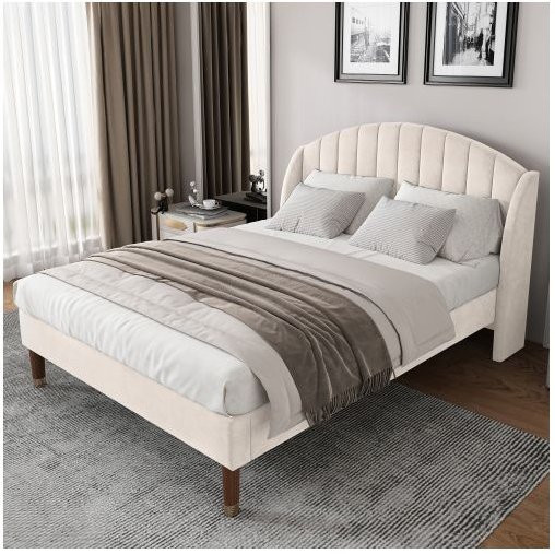 Gepolstertes Bett MUVOE aus Samt in Beige, B/T/H: 160 x 200 cm - Bild 1