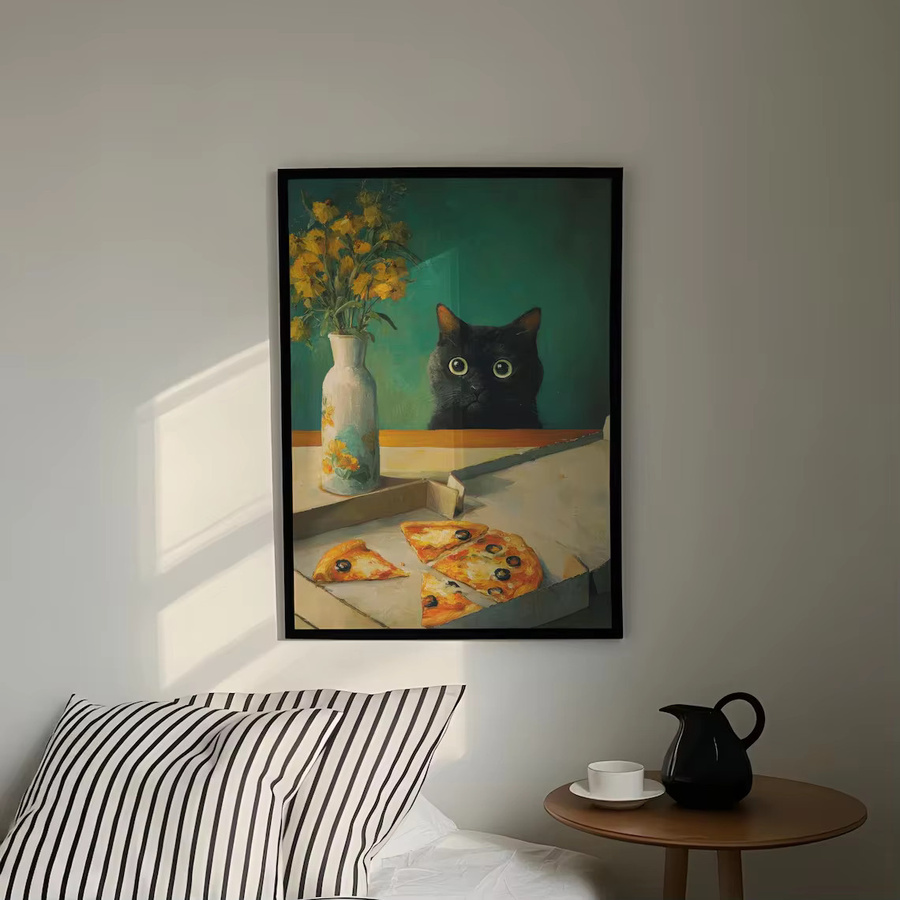 Wandkunst von SHENCHEN mit Katze und Pizza in Blaugrün und Goldgelb auf Papier - Bild 4