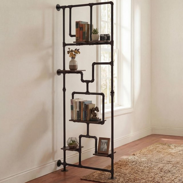 Raumteiler mit Regal MCW-P10 im Industrial Design aus Metall und Melamin, Farbe: Dunkelbraun, H x B x T: 203 x 80 x 20 cm - Bild 1