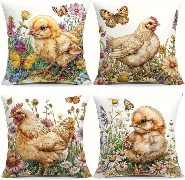 4er-Set JMG Clothing Kissenbezüge mit Aquarell-Farmhuhn-Motiv aus Plüsch, B/B: 45 x 45 cm, Mehrfarbig - Bild 1