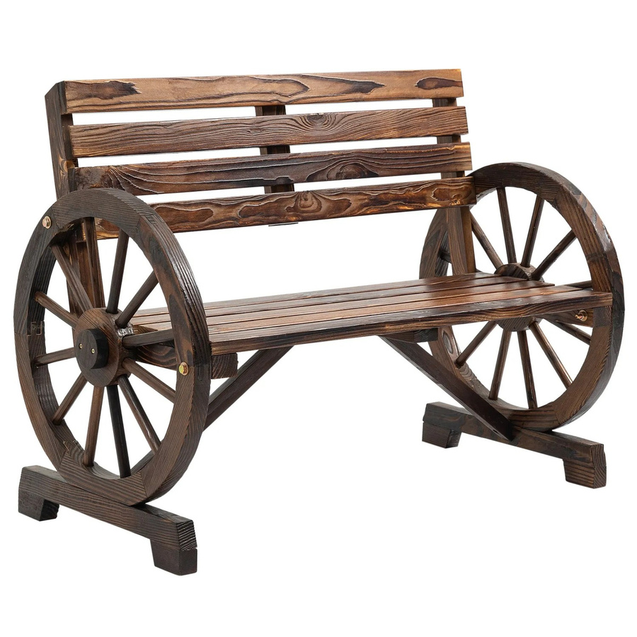 Outsunny Gartenbank 2-Sitzer aus Tannenholz im Landhausstil mit Wagenrad-Armlehnen, Braun, B/T/H: 105,5 x 56 x 79 cm - Bild 3