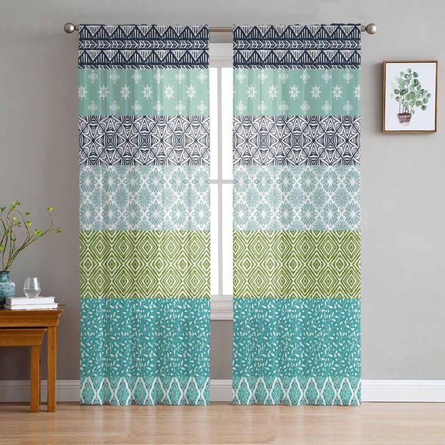Transparente Tüll-Vorhänge im Boho-Stil mit Aquarell-Batik-Muster von Super Six, Farbe Grau, B: 135 cm, H: 114 cm - Bild 1