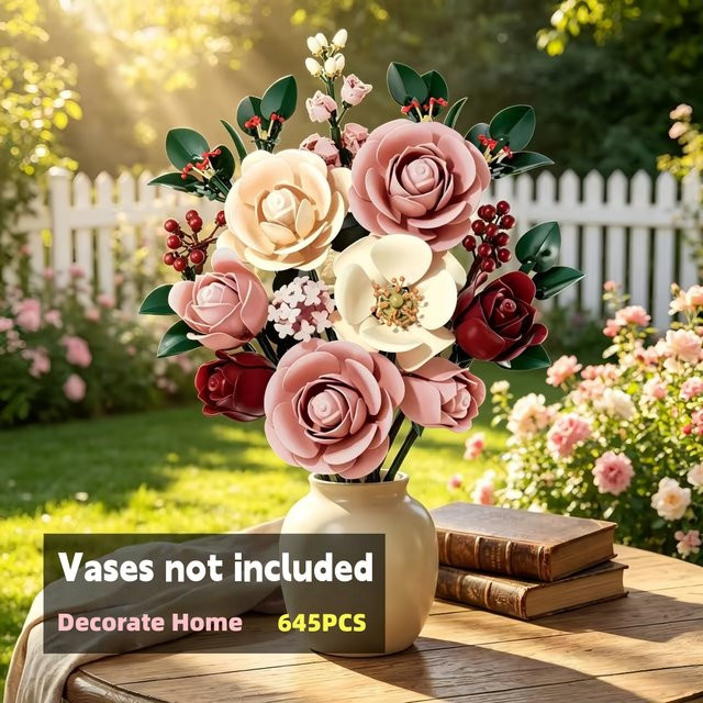 ZOCO Rosa Rosenstrauß-Bausatz mit künstlichen Rosen in Pink für die Heim- und Bürodekoration - Bild 1