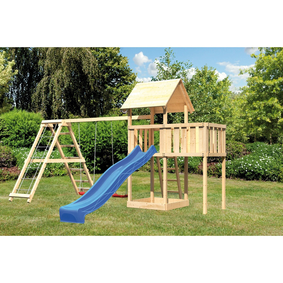 Karibu Spielturm Lotti mit Doppelschaukel, Klettergerüst, Anbau und Rutsche in Blau - Bild 2