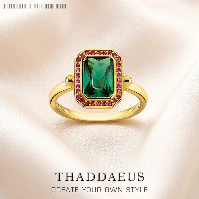 Thaddaeus Ring 925 Silber, Gold, rote und grüne Steine, Damen - Bild 1