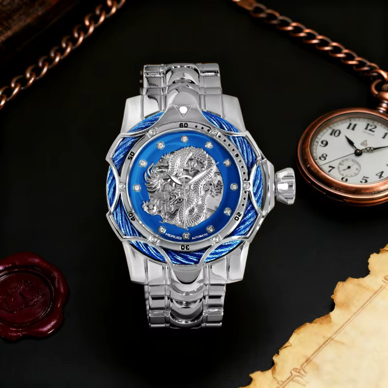 MEIRUIQI Armbanduhr Automatik, Edelstahl, blaues Zifferblatt, Herren - Bild 3