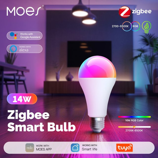 MOES Tuya Smart Zigbee LED-Glühbirne E27, 14 W RGBW, dimmbar, 2700 K-6500 K, Multicolor, kompatibel mit Alexa und Google Home via Smart Life App - Bild 1