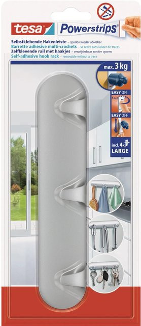 tesa Selbstklebende Hakenleiste in Chrom mit 4 Powerstrips Large - Bild 1