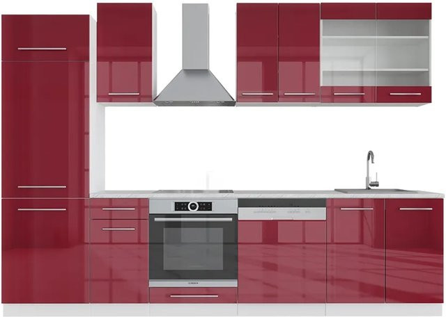 Vicco Fame-Line Küchenzeile in Bordeaux Hochglanz und Weiß mit Marmor-Optik, Breite: 300 cm - Bild 1