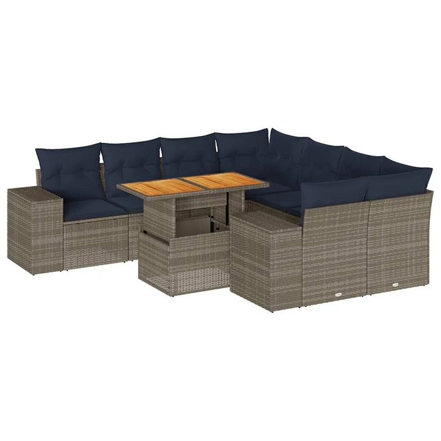 vidaXL 9-teilige Garten-Sofagarnitur aus Poly-Rattan und Akazienholz in Grau mit Kissen - Bild 2
