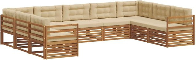 vidaXL Sofagarnitur aus Massivholz Akazie in Natur und Beige, 9-teiliges Gartenmöbel-Set mit wetterfesten Kissen und modernem Design - Bild 1
