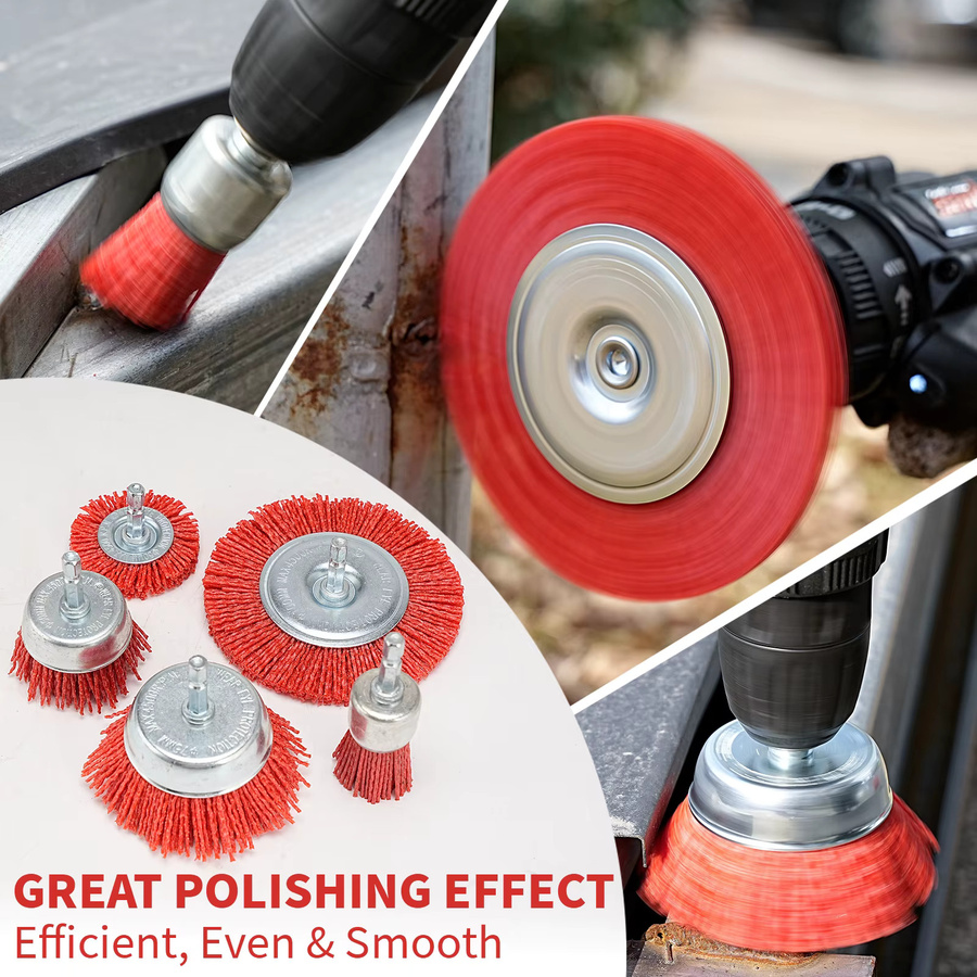 NuoDun 5-teiliges Nylon-Filament-Schleifbürsten-Set mit sechseckigem Griff zur Entfernung von Rost, Korrosion und Farbe in Rot - Bild 3