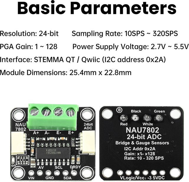 Aideepen NAU7802 Hochpräzises 24-Bit ADC-Datenkonvertierungsdruckmodul in Schwarz, kompatibel mit STEMMA QT/Qwiic - Bild 1