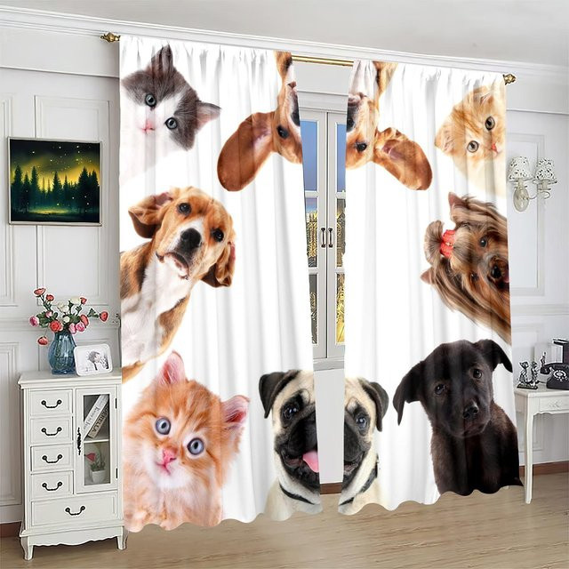 Yiran Furniture Sichtschutzvorhang mit Katzen- und Hundemotiv, 2er-Set, Weiß, Polyester - Bild 1