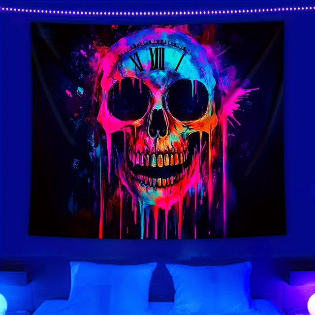 VIKAMA Halloween Wandteppich mit Neon-Schädel in Multicolour, abstrakte Textil-Wanddekoration für Gaming-Zimmer und Schlafzimmer, B/H: 60 x 40 cm - Bild 1