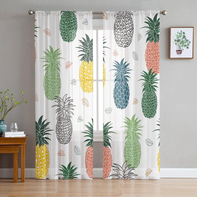 Transparente Tüll-Vorhänge mit Cartoon-Ananas-Motiv in Weiß, Organza-Fenstervorhänge für Wohnzimmer und Küche, Breite: 135 cm, Höhe: 115 cm - Bild 1