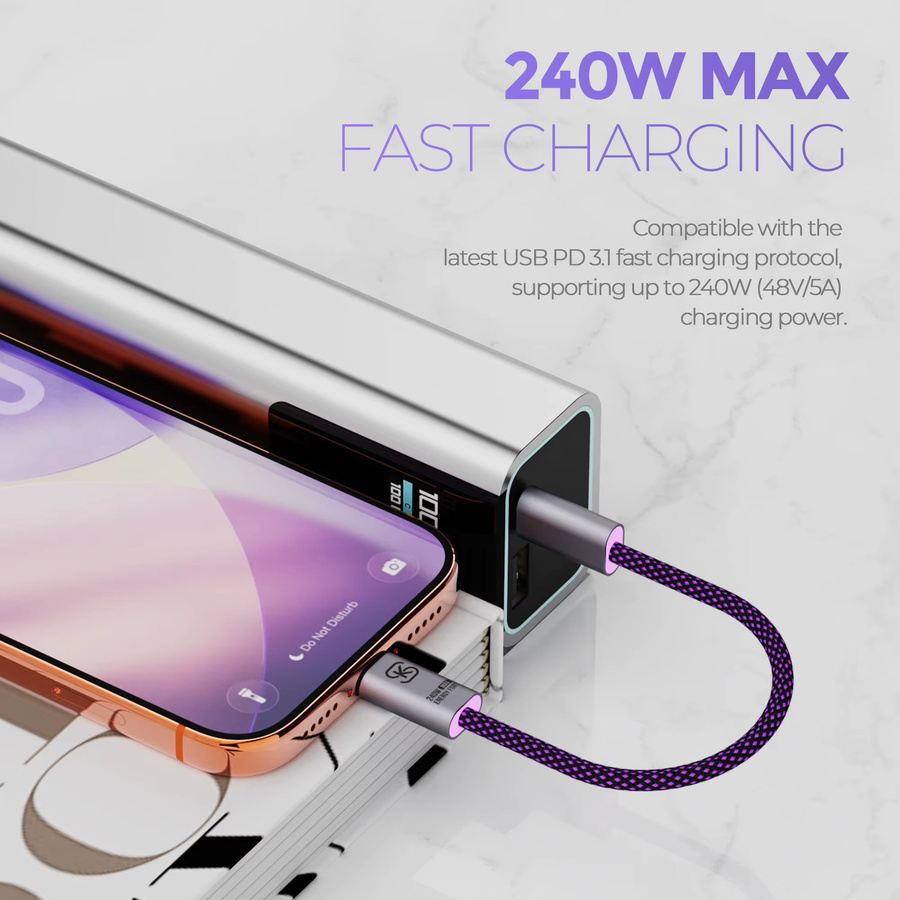 Magnetisches USB-C Schnellladekabel 240 W mit Schlüsselanhänger in Lila für iPhone und Samsung - Bild 2