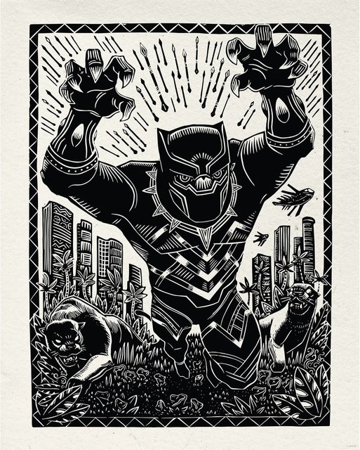 Komar Wandbild Marvel Black Panther Lino-Cut in Schwarz-Weiß, Breite: 40 cm, Höhe: 50 cm - Bild 1