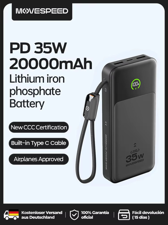 MOVESPEED P20 Powerbank 20000mAh mit PD 35W Schnellladefunktion und LFP-Akku in Schwarz - Bild 7