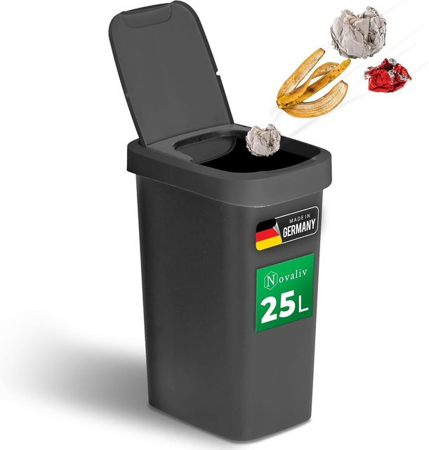 Novaliv Mülleimer 25L Schwarz mit 2in1 Klapp- und Schwingdeckel sowie Anti-Geruch-Filter aus Kunststoff für Küche, Haushalt und Büro - Bild 1