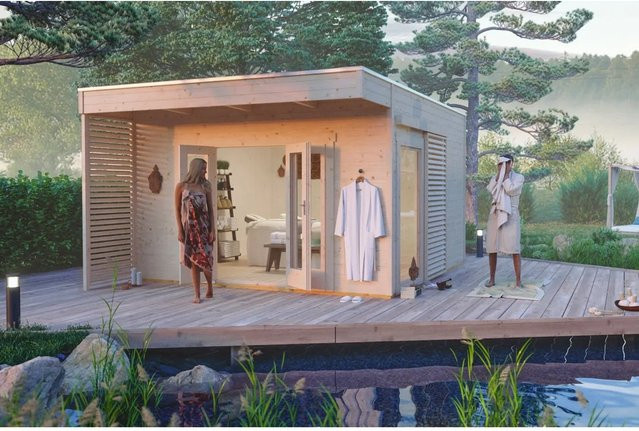 Skan Holz Gartenhaus Tokio 4 aus Holz mit Flachdach in Beige, B/H/T: 402 x 270 x 402 cm - Bild 1