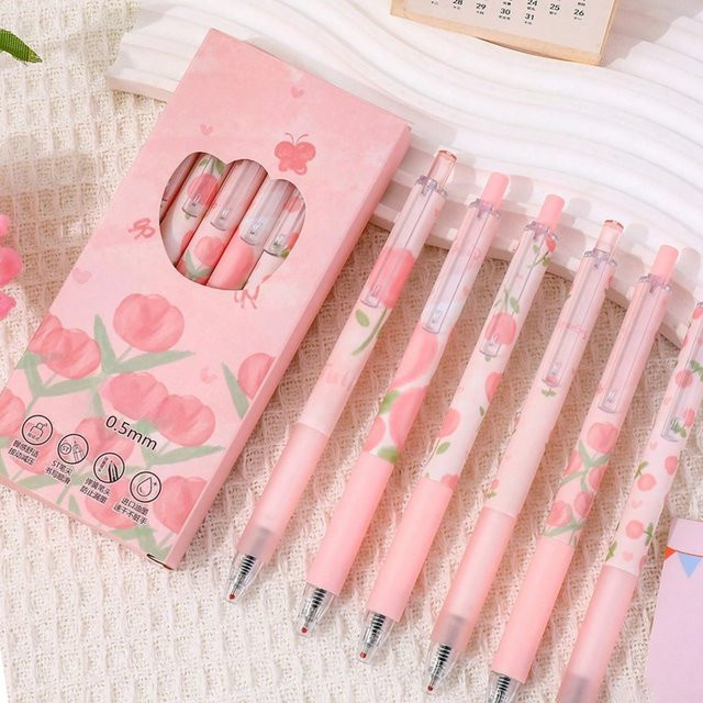 Set mit 3 oder 6 süßen Blumen-Gelstiften mit rosa Tulpen-Design, 0,5 mm feine Spitze, schwarze Tinte - Bild 1