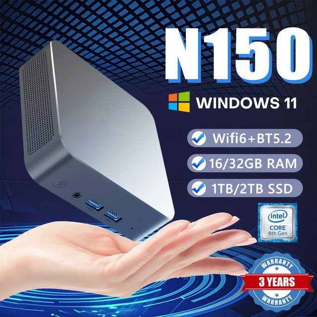 Intel N150 Mini-PC Gaming-Computer mit 32GB RAM und 2TB SSD, Schwarz, Dual WIFI6 und Bluetooth 5.2, 4K HD Unterstützung - Bild 1