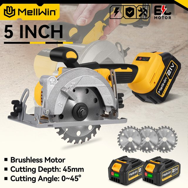 MELLWIN Elektrische bürstenlose Kreissäge 125 mm, kabellose Mehrwinkelsäge für Makita 18 V LXT Akkus, Gelb - Bild 1