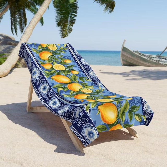JMG Household Supplies Strandtuch mit Mittelmeer-Zitronenmuster in Blau, schnelltrocknendes Mikrofaser-Badetuch, B/H: 50 x 100 cm - Bild 1