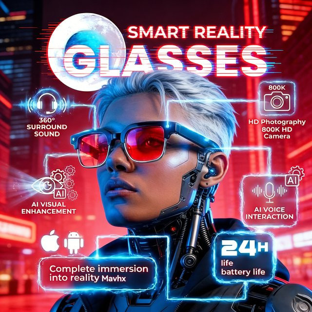 GUHUAVMI Smart-Brille in Schwarz mit 1200P HD Ultra-Weitwinkelkamera, 4GB KI-Fotoerkennung, Bluetooth-Anruf und Sprachfunktion - Bild 1