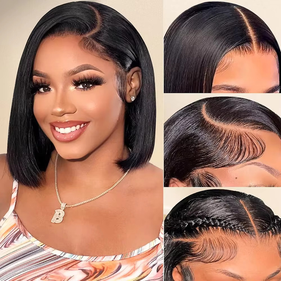 Bob-Perücke aus Echthaar, kurz, glatt, Natur Schwarz, 200 % Dichte, 13x4 HD Lace Frontal, Damen - Bild 2
