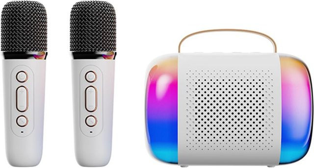 Andoer Mini-Karaoke-Maschine mit Bluetooth, weißem LED-Set und 2 wiederaufladbaren kabellosen Mikrofonen - Bild 1