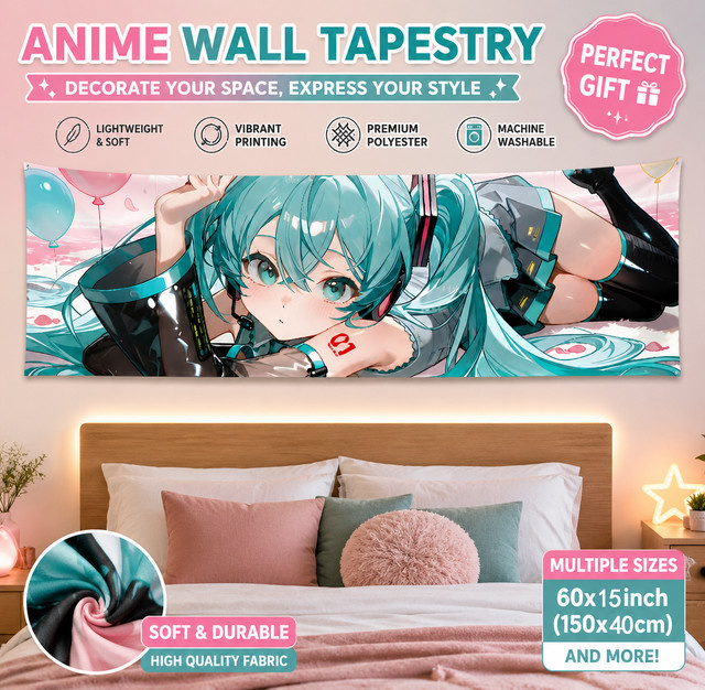 Hatsune Miku Anime-Wandteppich von Bandai mit rosa Himmel und Ballon-Illustration in modernem Design - Bild 1