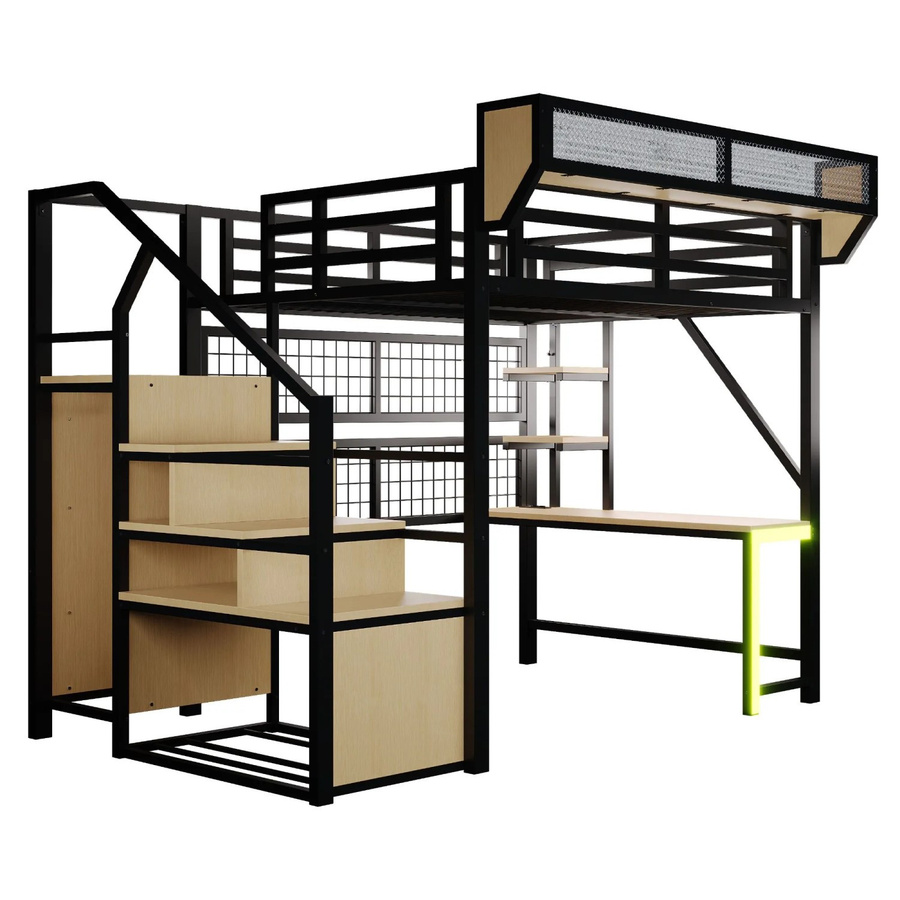 Merax Hochbett mit Schreibtisch und LED-Beleuchtung in Schwarz, B/T/H: 200 x 140 x 191 cm - Bild 2