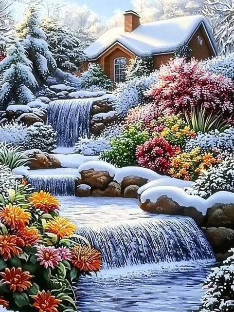 Momoart 5D DIY Diamantmalerei Landschaft Winter mit Fluss als Acryl Mosaik Bastelset in Mehrfarbig - Bild 1