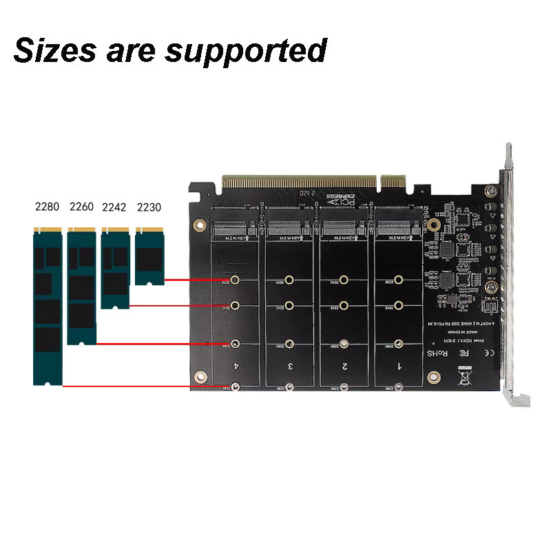 T.F.SKYWINDINTL M.2 zu PCI-E NVMe Erweiterungskarte für 4 NVMe SSDs, PCIe x16 RAID Adapterkarte, Schwarz, unterstützt 2230 2242 2260 2280 Formfaktoren - Bild 5