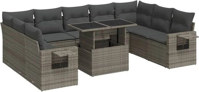 vidaXL 10-teilige Garten-Sofagarnitur aus Poly-Rattan mit Kissen in Grau - Bild 1