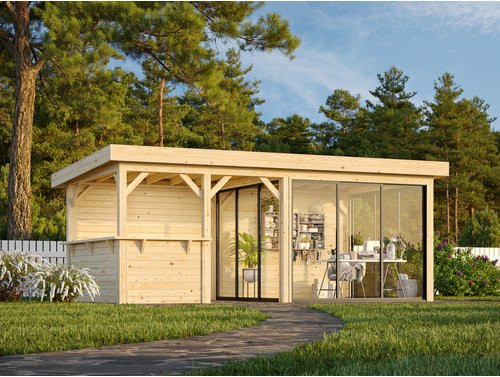 Palmako Pavillon Lenna Set 408 Slide aus Fichtenholz in Braun mit ESG-Verglasung und Eck-Tresenanlage, B/H/T: 588 x 245 x 300 cm - Bild 3