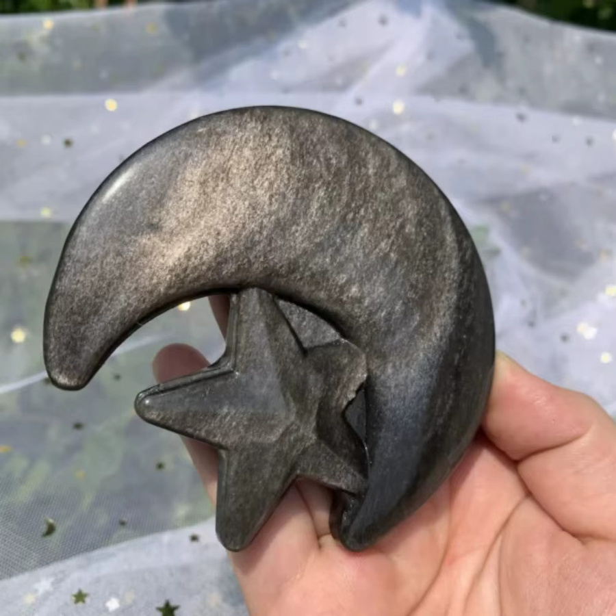 CrystalHola Obsidian-Mond mit Sternschnitzerei in Silber und Gold als Altar-Dekoration - Bild 2