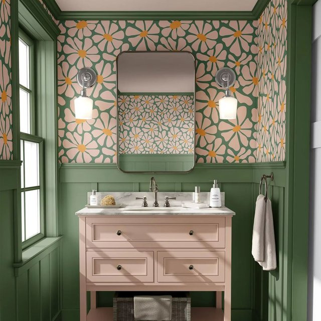 Pixel&Wall Funky Daisy Tapete im Retro-Design mit floralem Blumenmuster in Grün und Orange - Bild 1