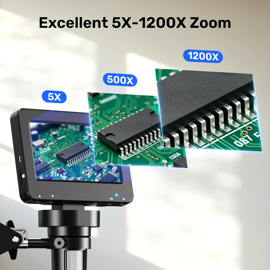 Aikokkl Digitalmikroskop mit 4,3 Zoll Display und flexiblem Armständer, Münzmikroskop mit 8 Lichtern für PC-Ansicht, Farbe: Schwarz - Bild 3